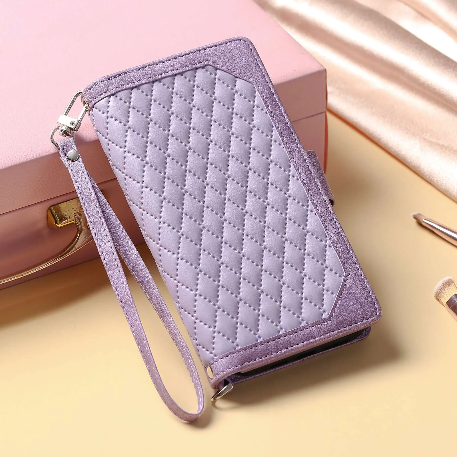 005 Style for Samsung Galaxy A23 4G (165.4 x 76.9 x 8.4mm) / A23 5G Rhombus Texture Phone Full-protection Cover PU Leather Zipper Pocket Stand Wallet Case with Strap