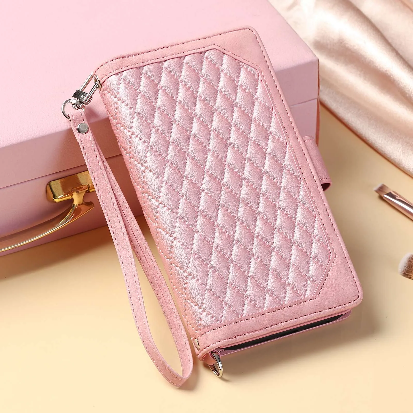 005 Style for Samsung Galaxy A23 4G (165.4 x 76.9 x 8.4mm) / A23 5G Rhombus Texture Phone Full-protection Cover PU Leather Zipper Pocket Stand Wallet Case with Strap