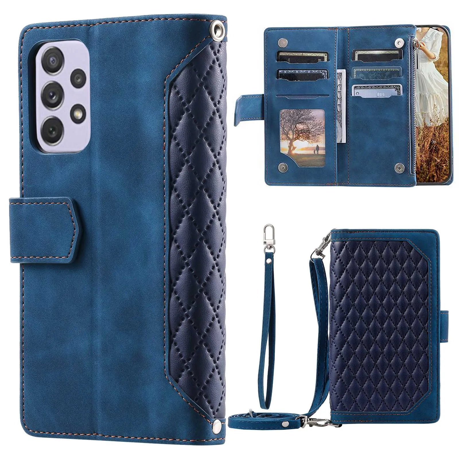 005 Style For Samsung Galaxy A52 4G / 5G / A52s 5G, Rhombus Texture PU Leather Stand Phone Case Zipper Pocket Wallet Style Shell with Strap