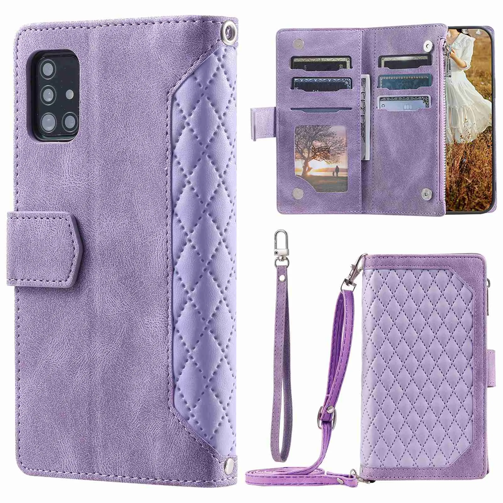 005 Style For Samsung Galaxy A71 4G SM-A715, PU Leather Anti-wear Rhombus Texture Phone Case Zipper Pocket Wallet Stand Protector with Strap