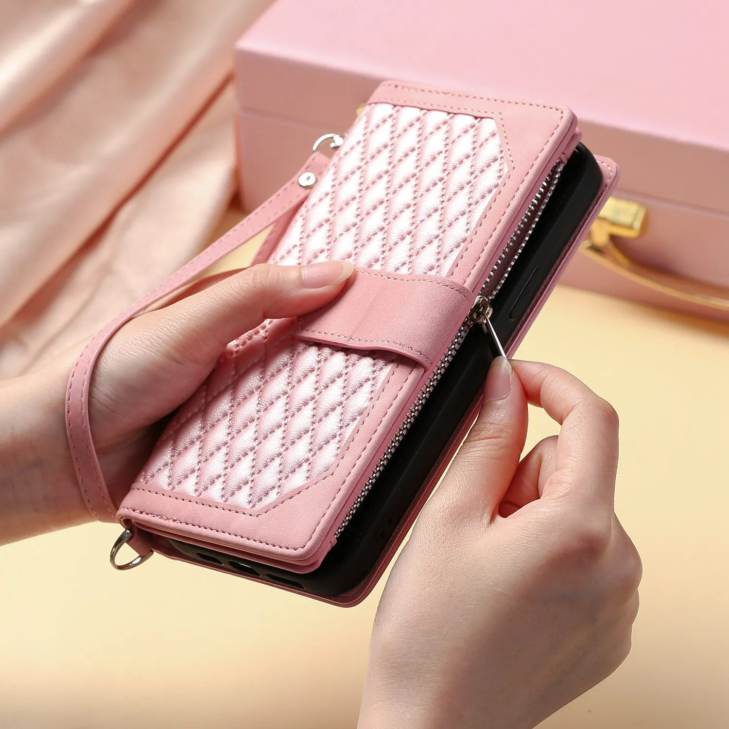005 Style PU Leather Zipper Pocket Case for iPhone 12 mini 5.4 inch, Stand Rhombus Texture Anti-drop Phone Wallet Cover with Wrist Strap