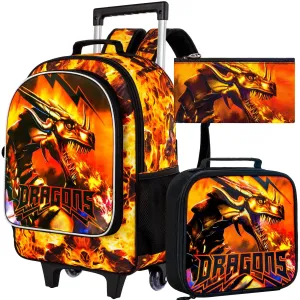 3 Piece Dragon Rolling Backpack Set For Boys School Wheels Lunch