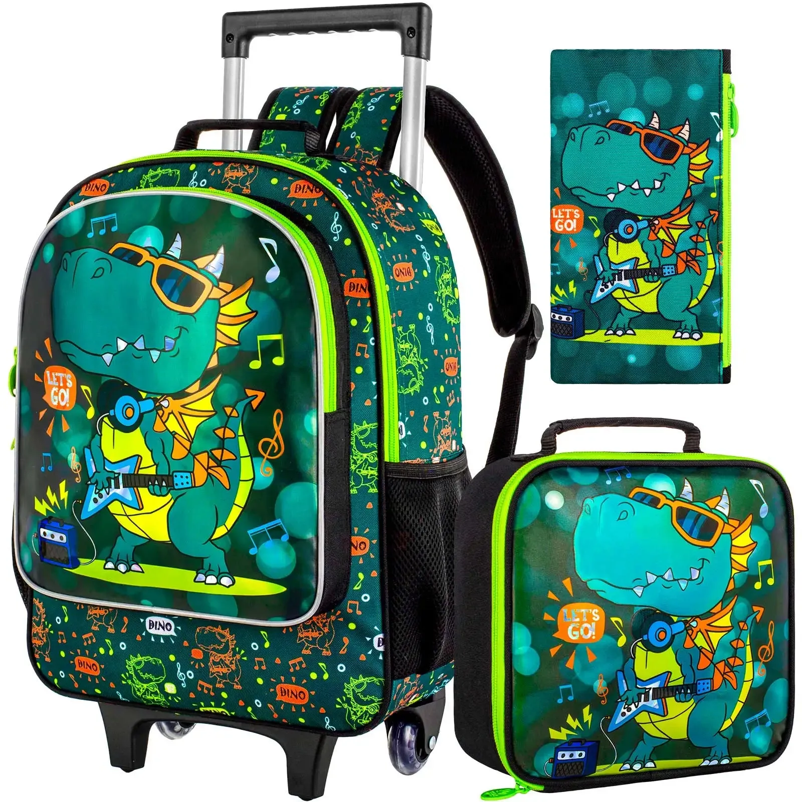 3 Piece Dragon Rolling Backpack Set For Boys School Wheels Lunch