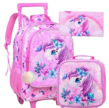 3 Piece Dragon Rolling Backpack Set For Boys School Wheels Lunch
