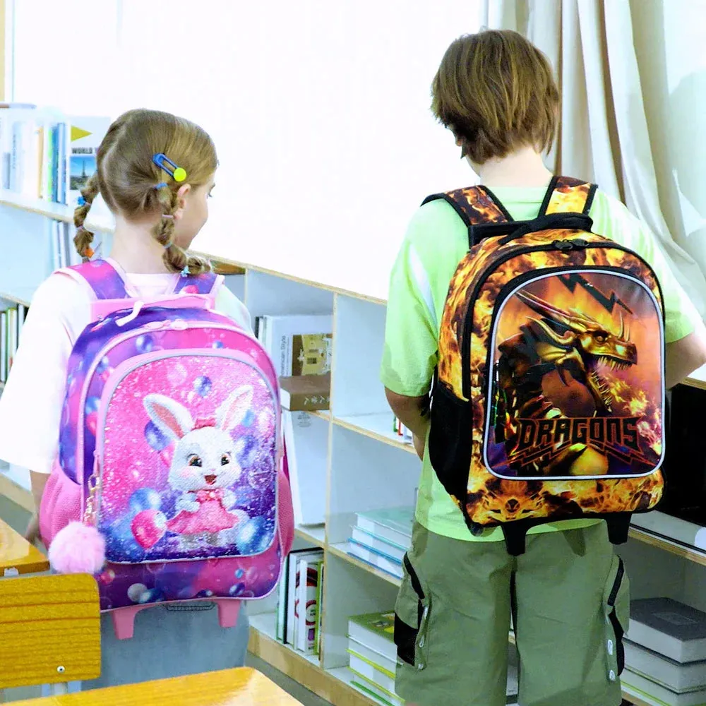 3 Piece Dragon Rolling Backpack Set For Boys School Wheels Lunch