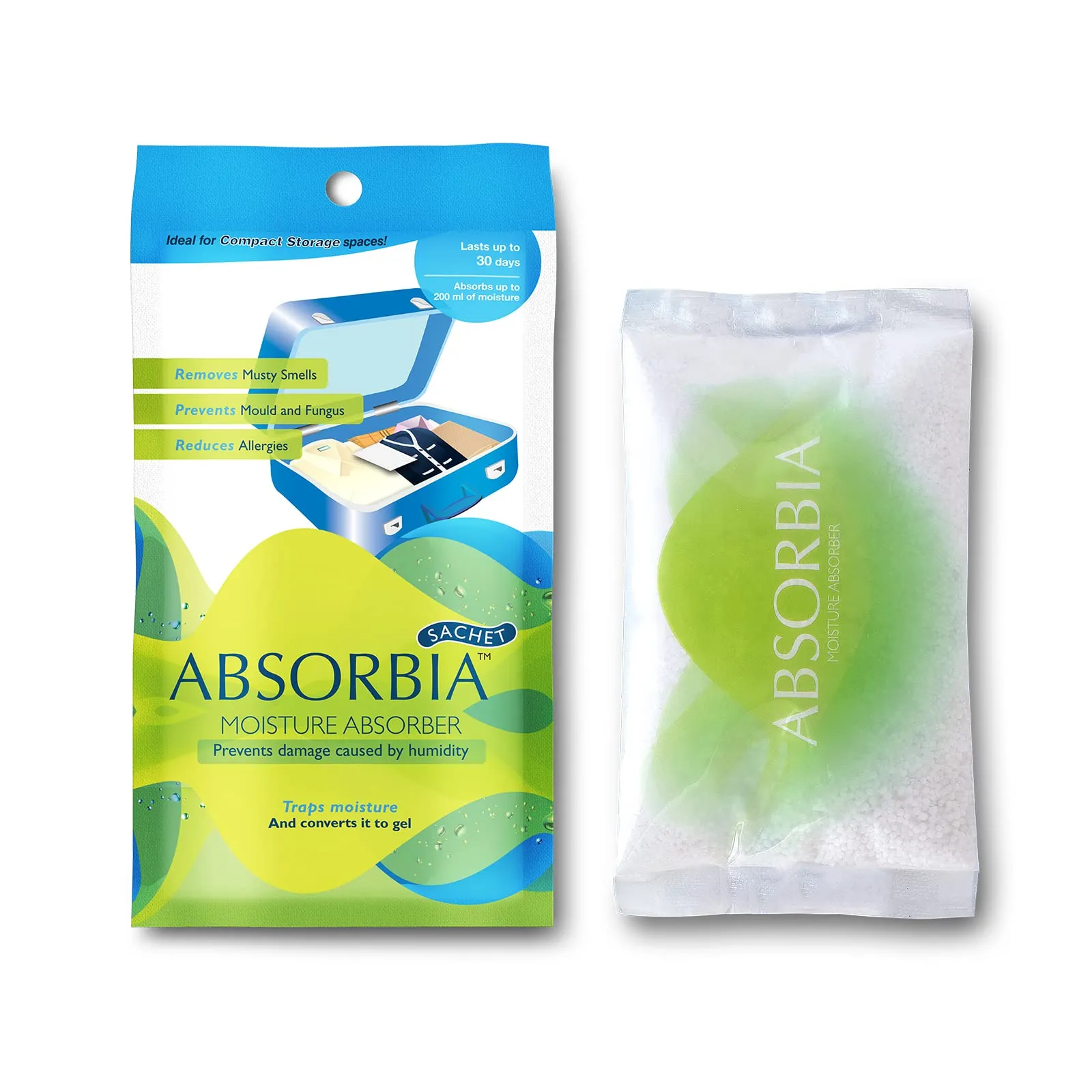 Absorbia Moisture Absorber Classic - Pack of 6 | Absorbia Sachet(100gms X6 Sachet) | Dehumidier for Bags, Suitcases, Drawers Wardrobe, Cupboards & Closets