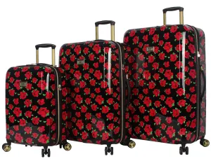 Betsey Johnson Designer Luggage Collection - Expandable 3 Piece Hardside Lightweight Spinner Suitcase Set - Travel Set includes 20-Inch Carry On, 26 inch and 30-Inch Checked Suitcase (Covered Roses)