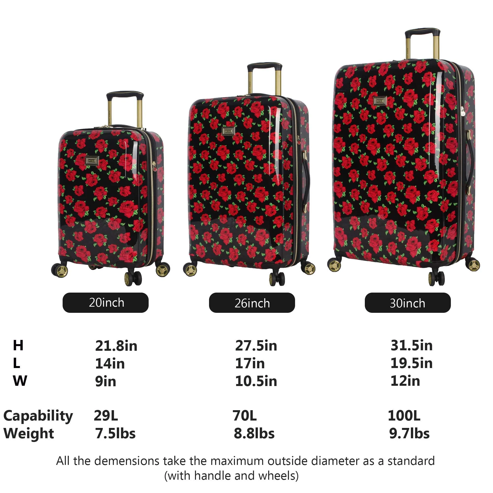Betsey Johnson Designer Luggage Collection - Expandable 3 Piece Hardside Lightweight Spinner Suitcase Set - Travel Set includes 20-Inch Carry On, 26 inch and 30-Inch Checked Suitcase (Covered Roses)