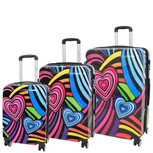 Four Wheels Multi Hearts Printed Suitcase Cosmos Black