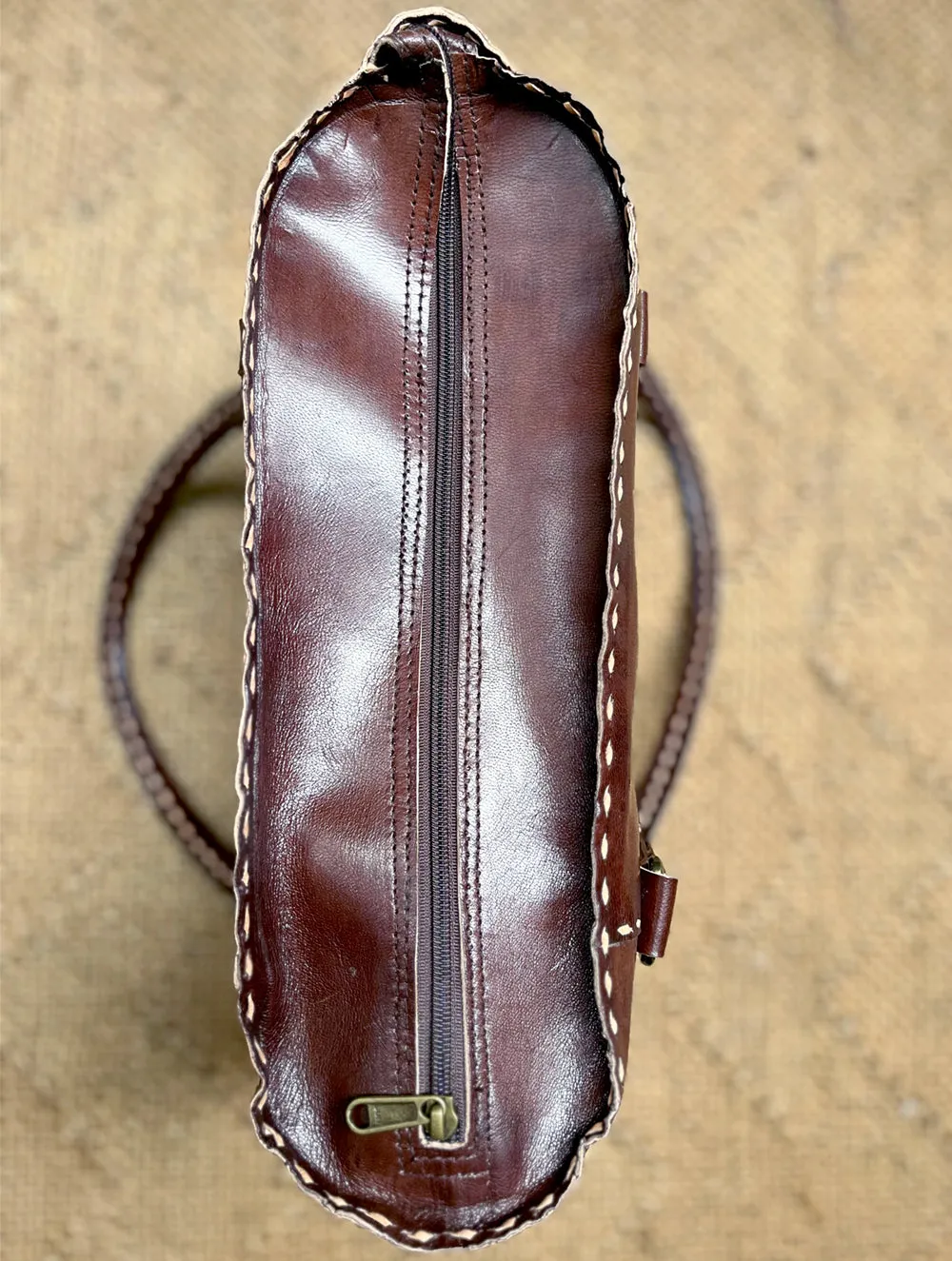Handcrafted Jawaja Leather Tote with Stitched Detail