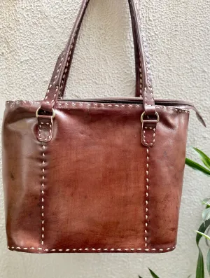 Handcrafted Jawaja Leather Tote with Stitched Detail