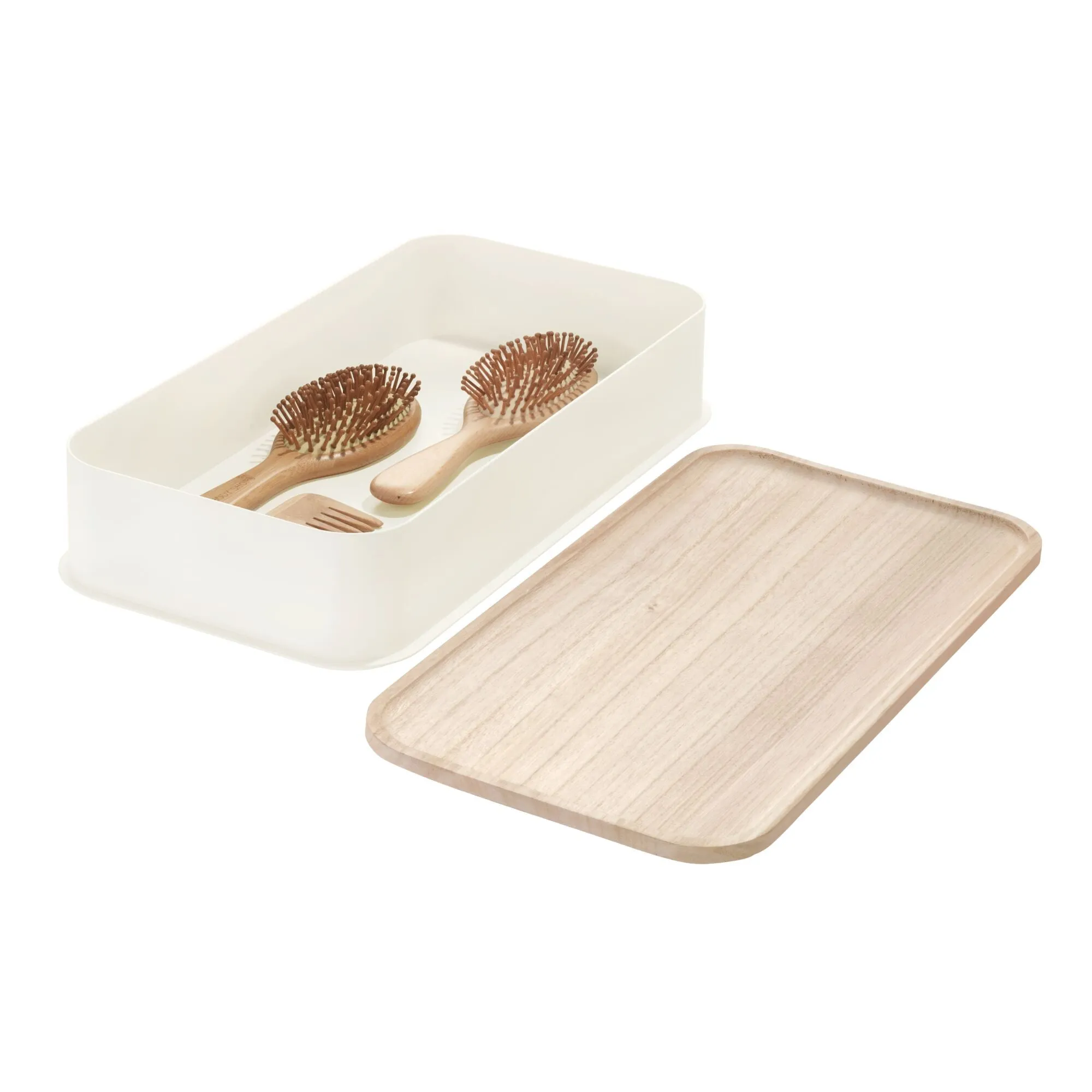 iDesign Eco BPA-Free Plastic Medium Lidded Storage Bin, Coconut/Wood