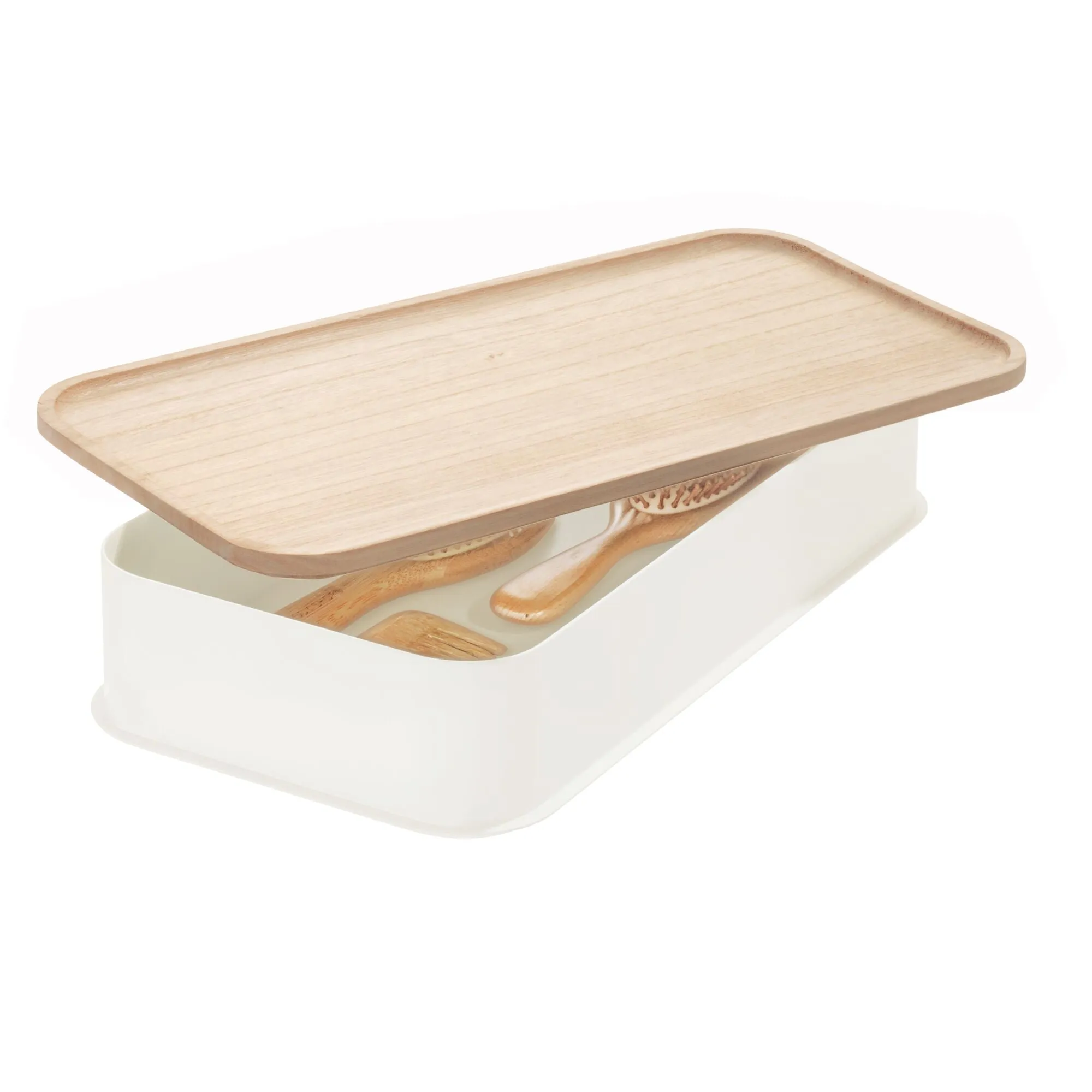 iDesign Eco BPA-Free Plastic Medium Lidded Storage Bin, Coconut/Wood