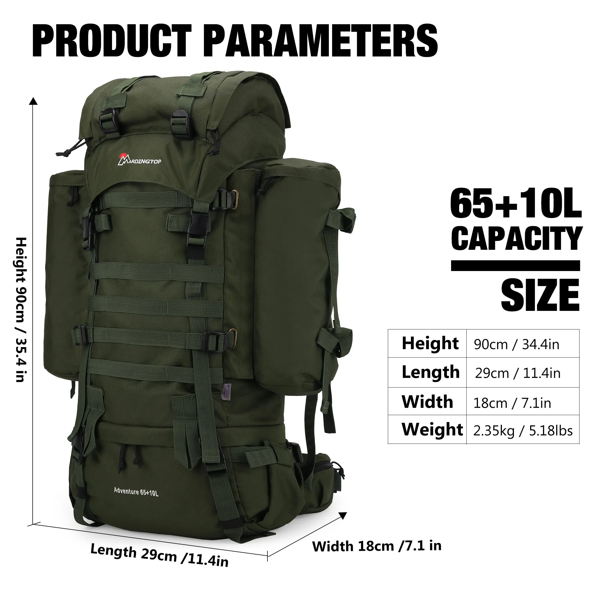 [M403] Mardingtop 65 10L Molle Hiking Internal Frame Backpacks with Rain Cover M403