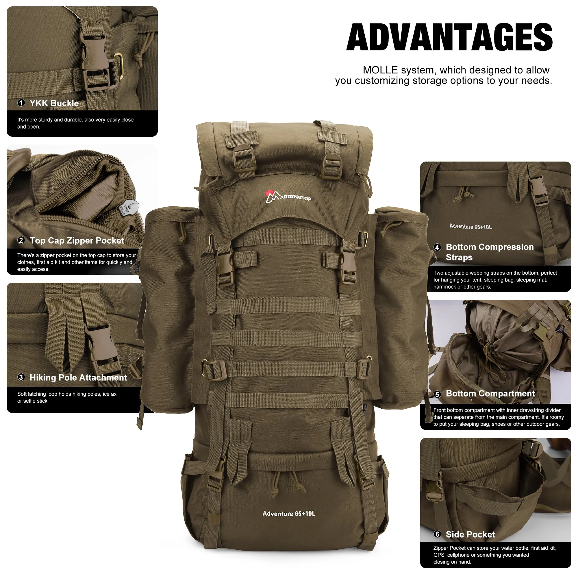 [M403] Mardingtop 65 10L Molle Hiking Internal Frame Backpacks with Rain Cover M403