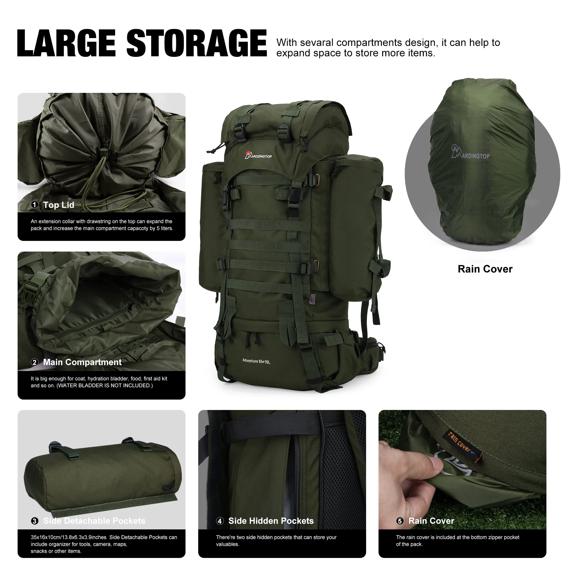 [M403] Mardingtop 65 10L Molle Hiking Internal Frame Backpacks with Rain Cover M403