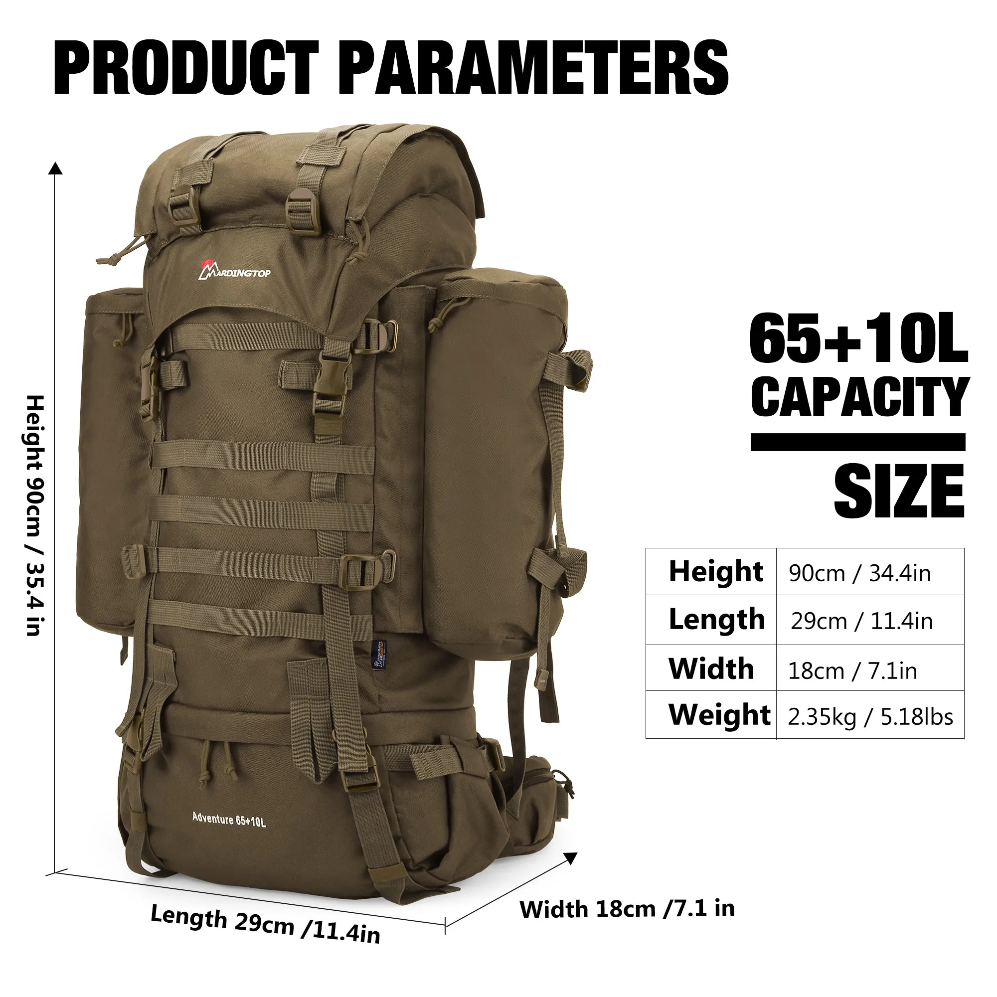 [M403] Mardingtop 65 10L Molle Hiking Internal Frame Backpacks with Rain Cover M403