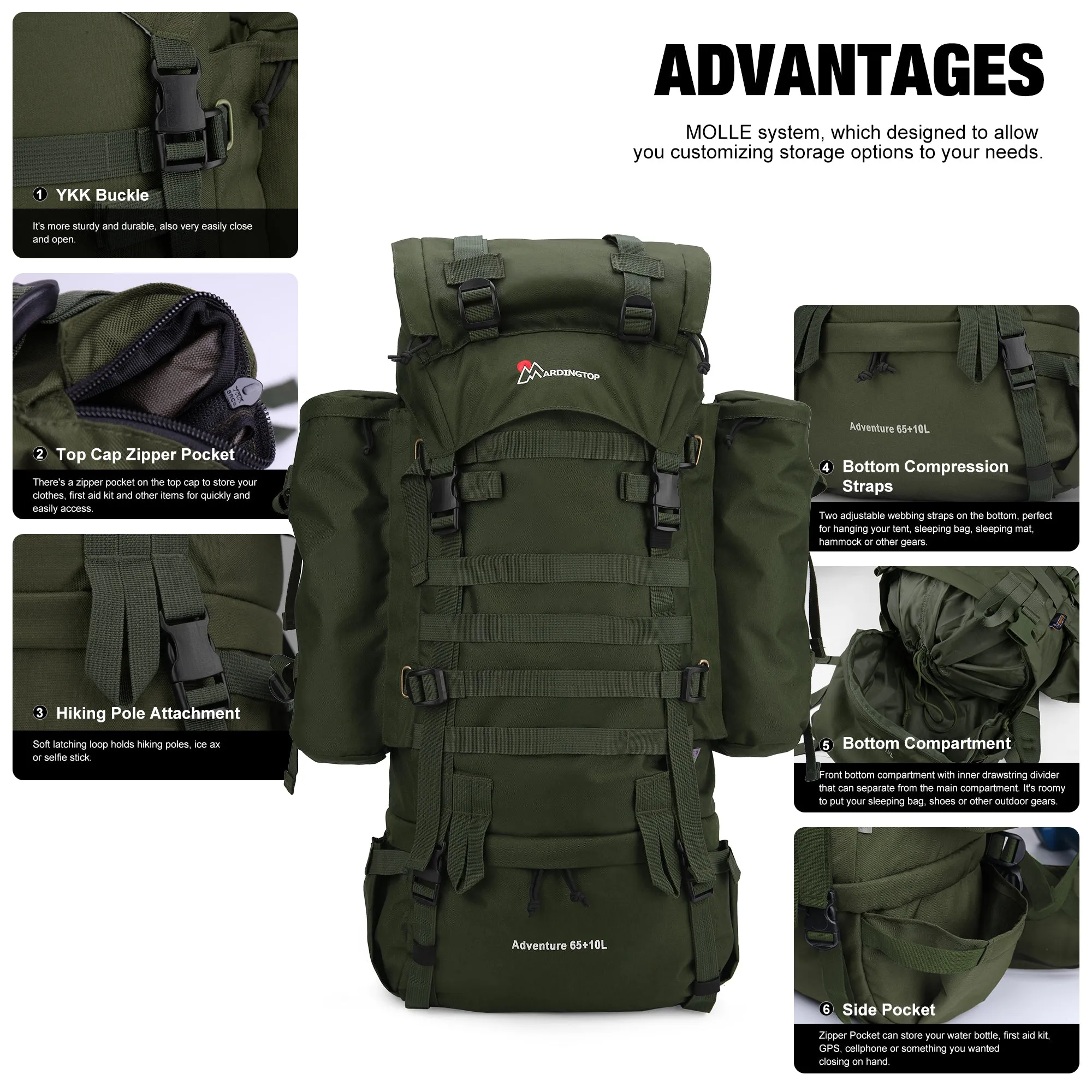 [M403] Mardingtop 65 10L Molle Hiking Internal Frame Backpacks with Rain Cover M403