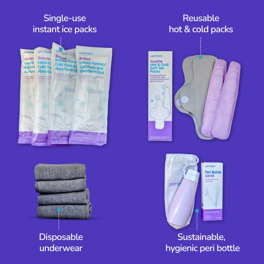 Novel Postpartum Essentials: Instant Ice Packs   Reusable Hot & Cold Packs   Disposable Boy Shorts   Peri Bottle (11pc. Set)