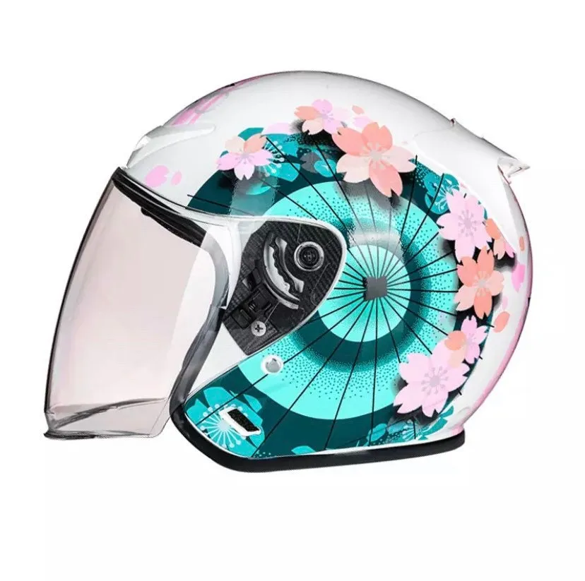 NWT Helmet - His & Her M-XL Prix Black Racer / Aqua Blossom / Vintage Red Camel - DOT certified motorcycle Vespa riding helmets   visor