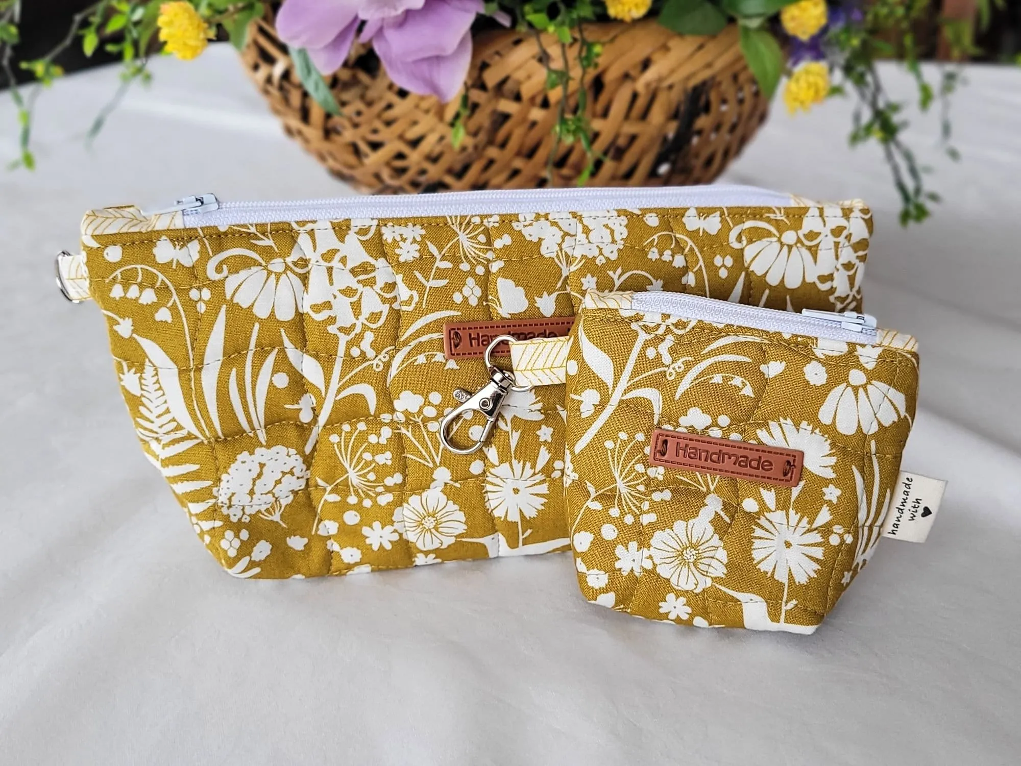 Quilted Zipper Pouch Set, Mustard Yellow Floral
