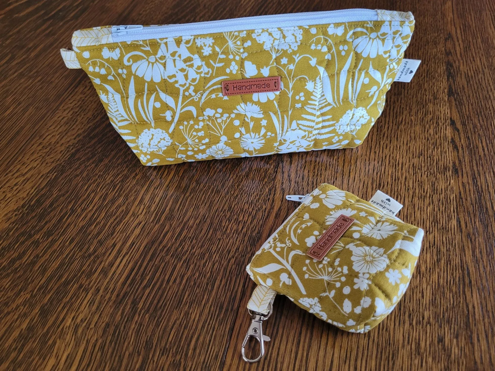 Quilted Zipper Pouch Set, Mustard Yellow Floral