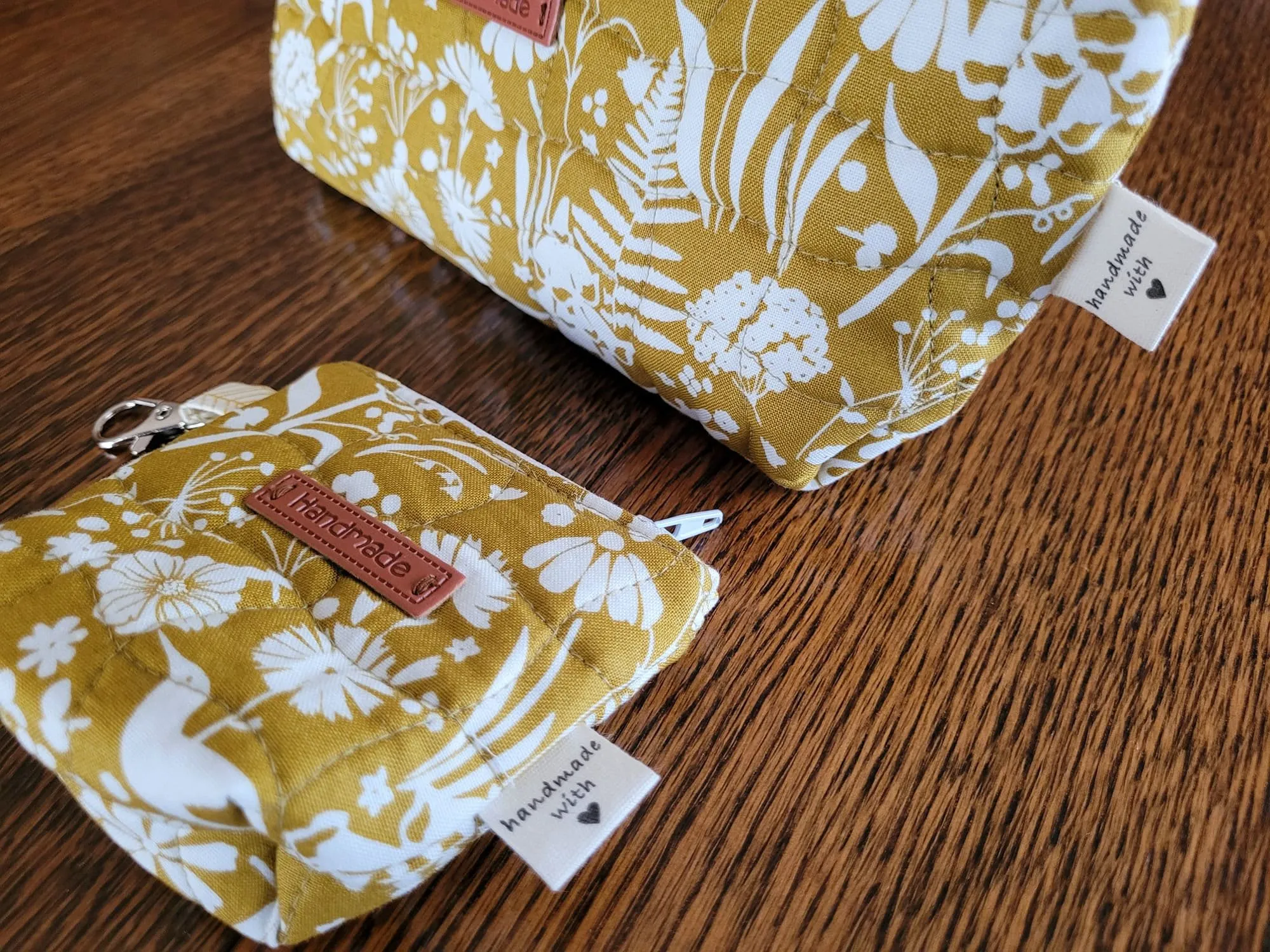 Quilted Zipper Pouch Set, Mustard Yellow Floral