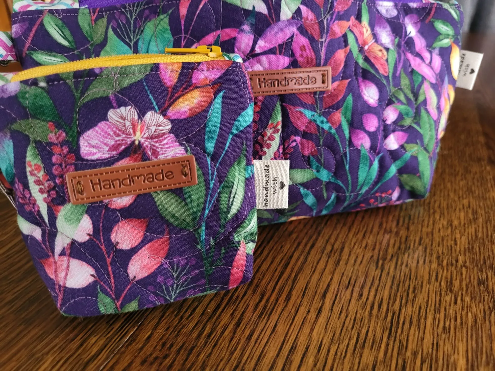 Quilted Zipper Pouch Set, Purple Floral
