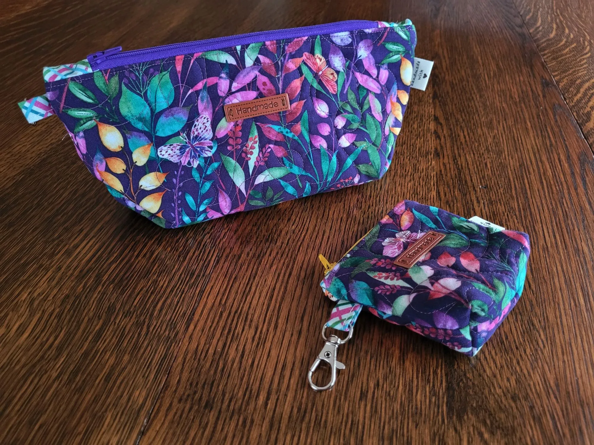 Quilted Zipper Pouch Set, Purple Floral