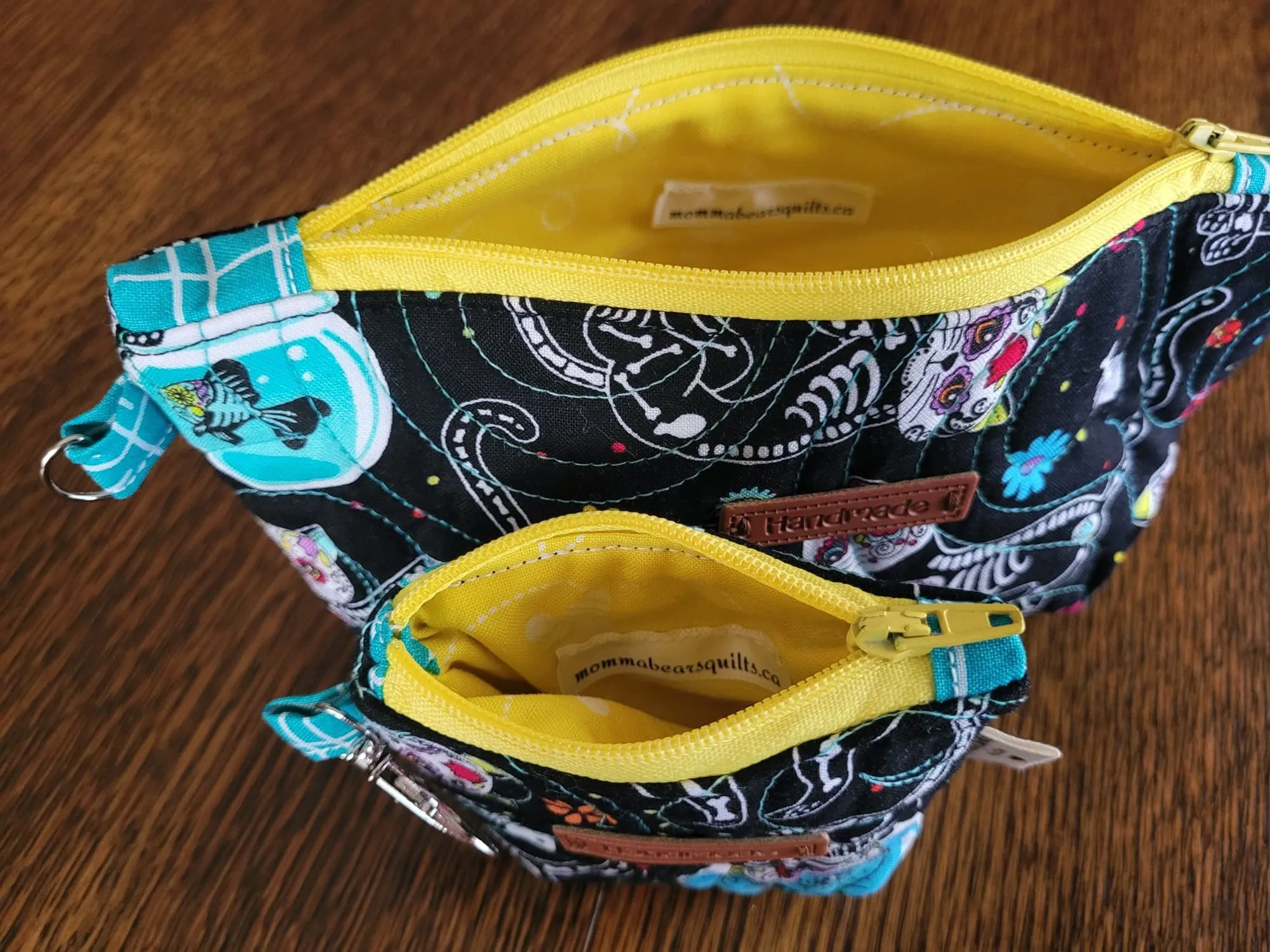 Quilted Zipper Pouch Set, Sugar Skull Cats