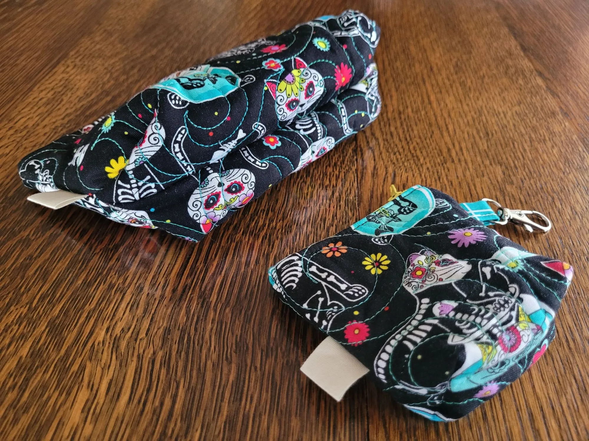 Quilted Zipper Pouch Set, Sugar Skull Cats