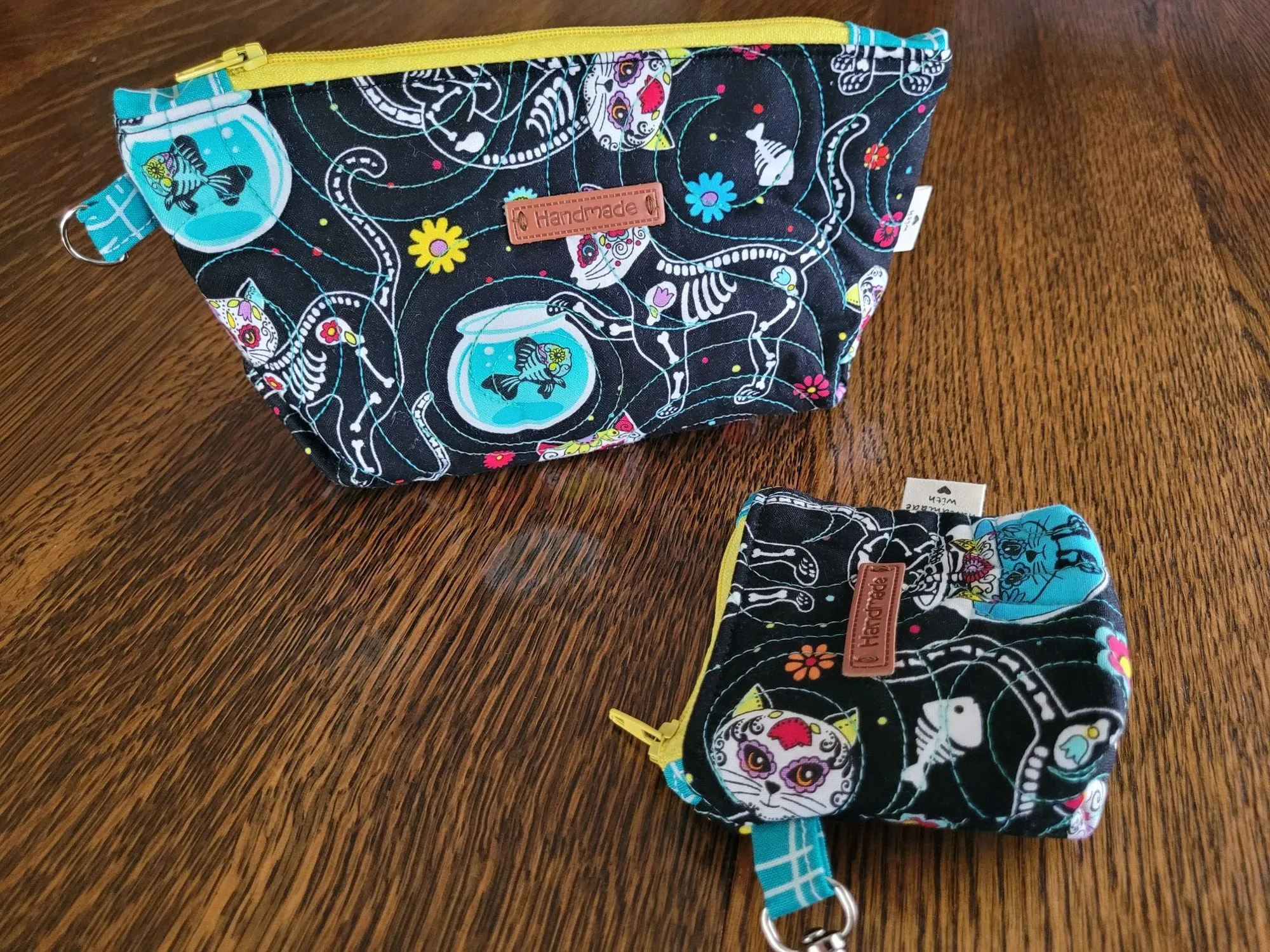 Quilted Zipper Pouch Set, Sugar Skull Cats