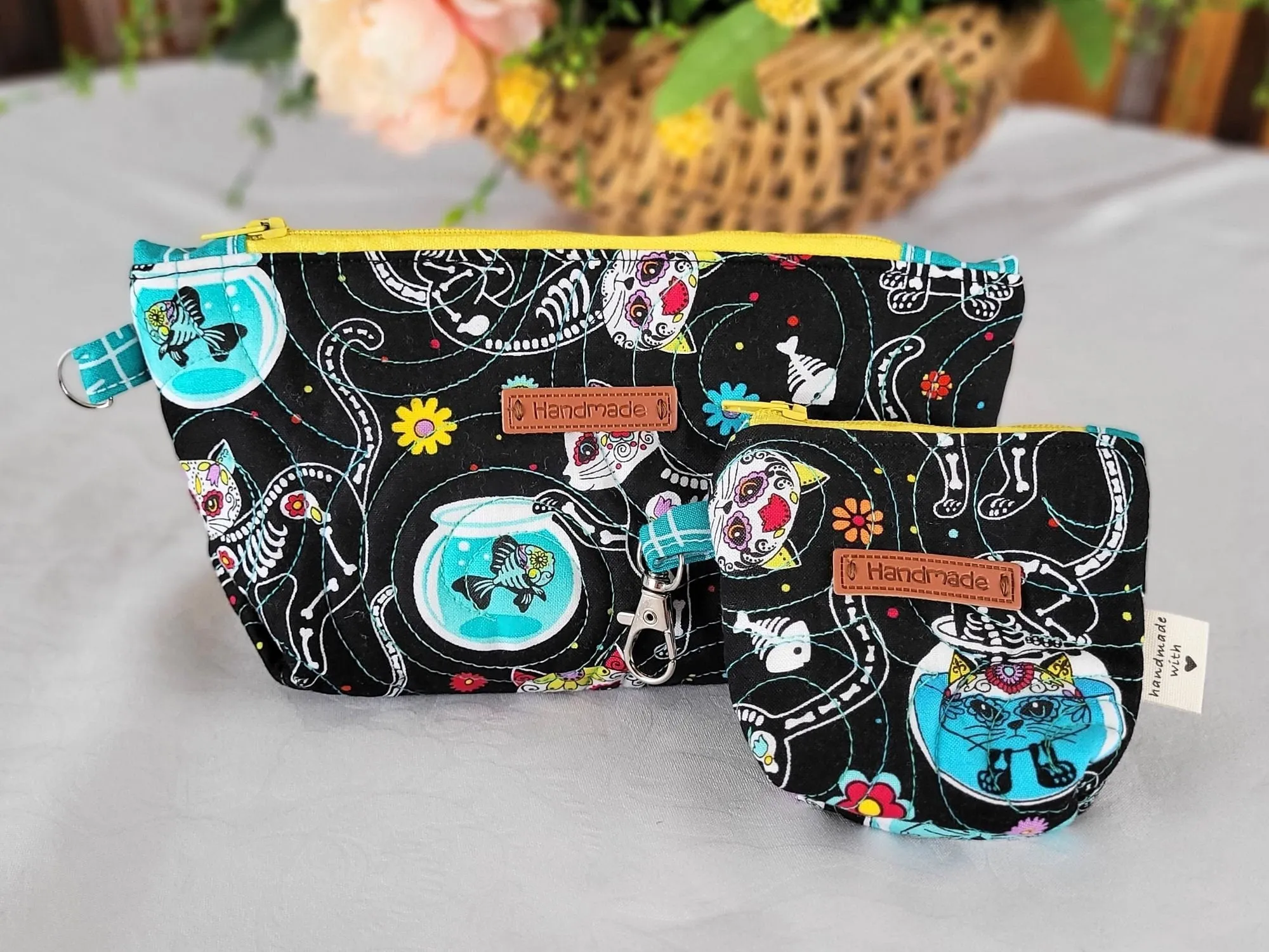 Quilted Zipper Pouch Set, Sugar Skull Cats