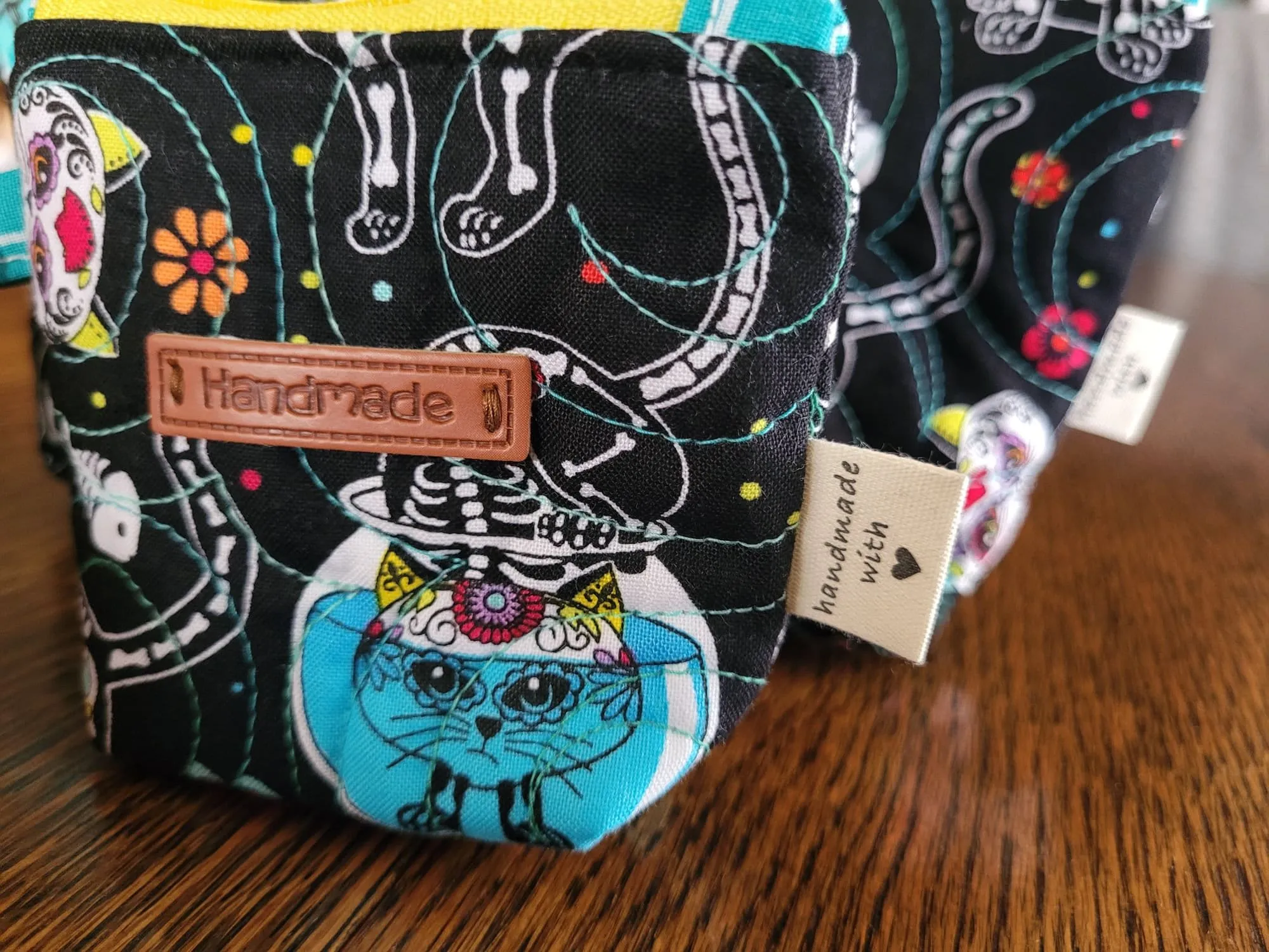 Quilted Zipper Pouch Set, Sugar Skull Cats