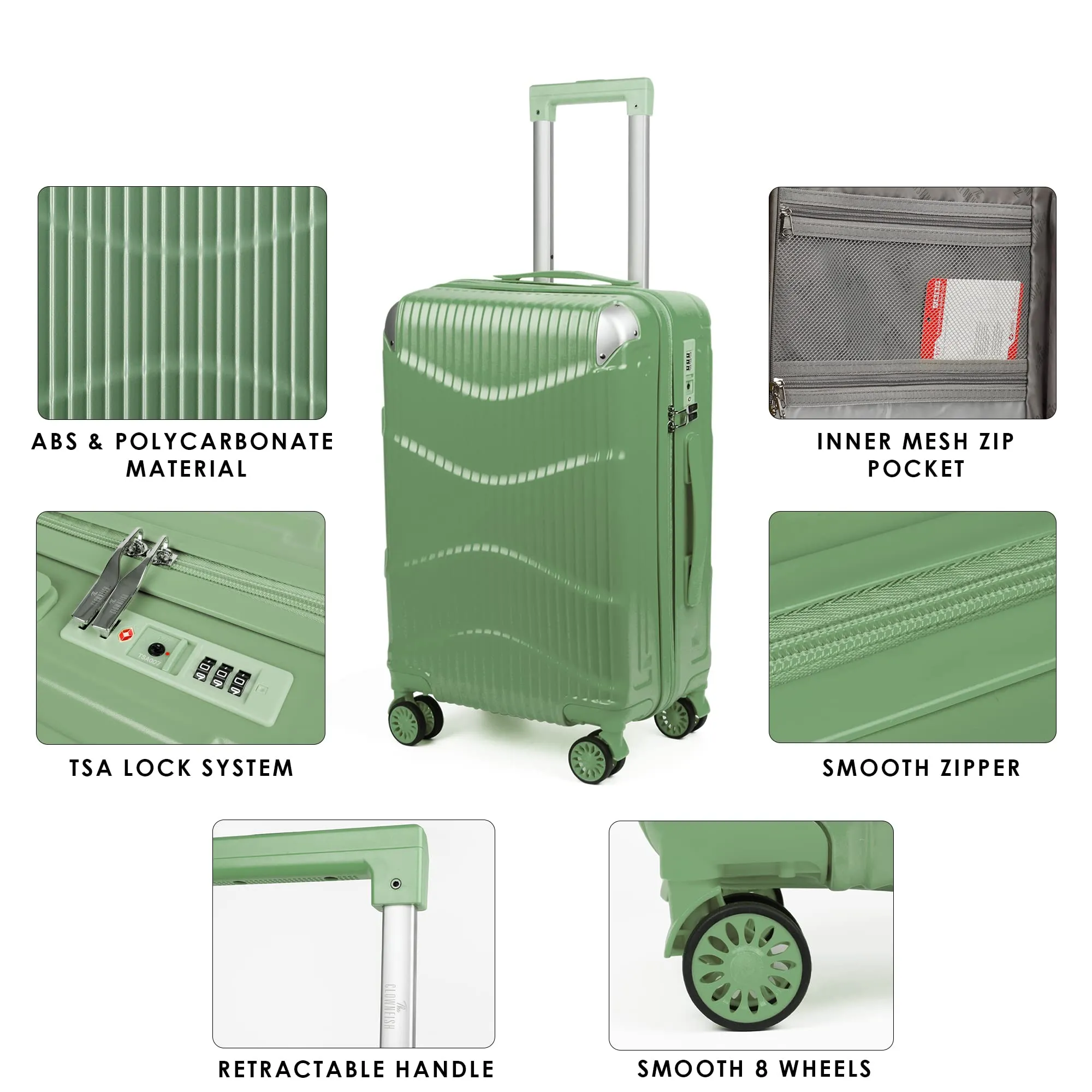 THE CLOWNFISH Combo of 2 Ballard Series Luggage ABS & Polycarbonate Exterior Suitcases Eight Wheel Trolley Bags with TSA Lock-Green (Medium 65 cm-26 inch, Small 55 cm-22 inch)