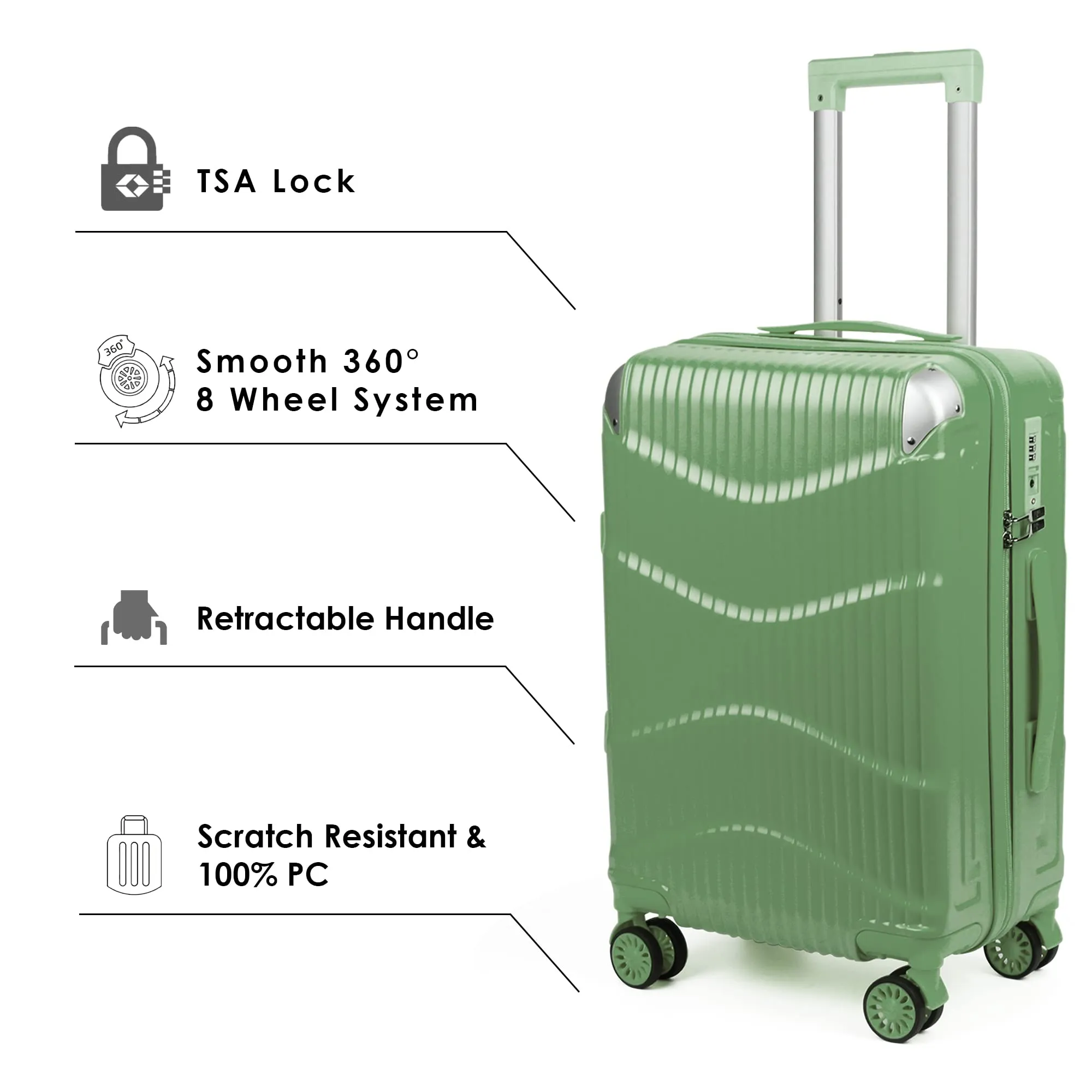 THE CLOWNFISH Combo of 2 Ballard Series Luggage ABS & Polycarbonate Exterior Suitcases Eight Wheel Trolley Bags with TSA Lock-Green (Medium 65 cm-26 inch, Small 55 cm-22 inch)