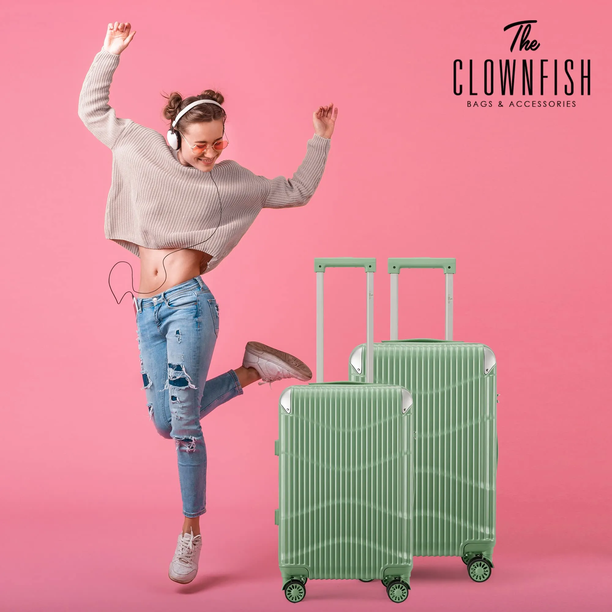 THE CLOWNFISH Combo of 2 Ballard Series Luggage ABS & Polycarbonate Exterior Suitcases Eight Wheel Trolley Bags with TSA Lock-Green (Medium 65 cm-26 inch, Small 55 cm-22 inch)