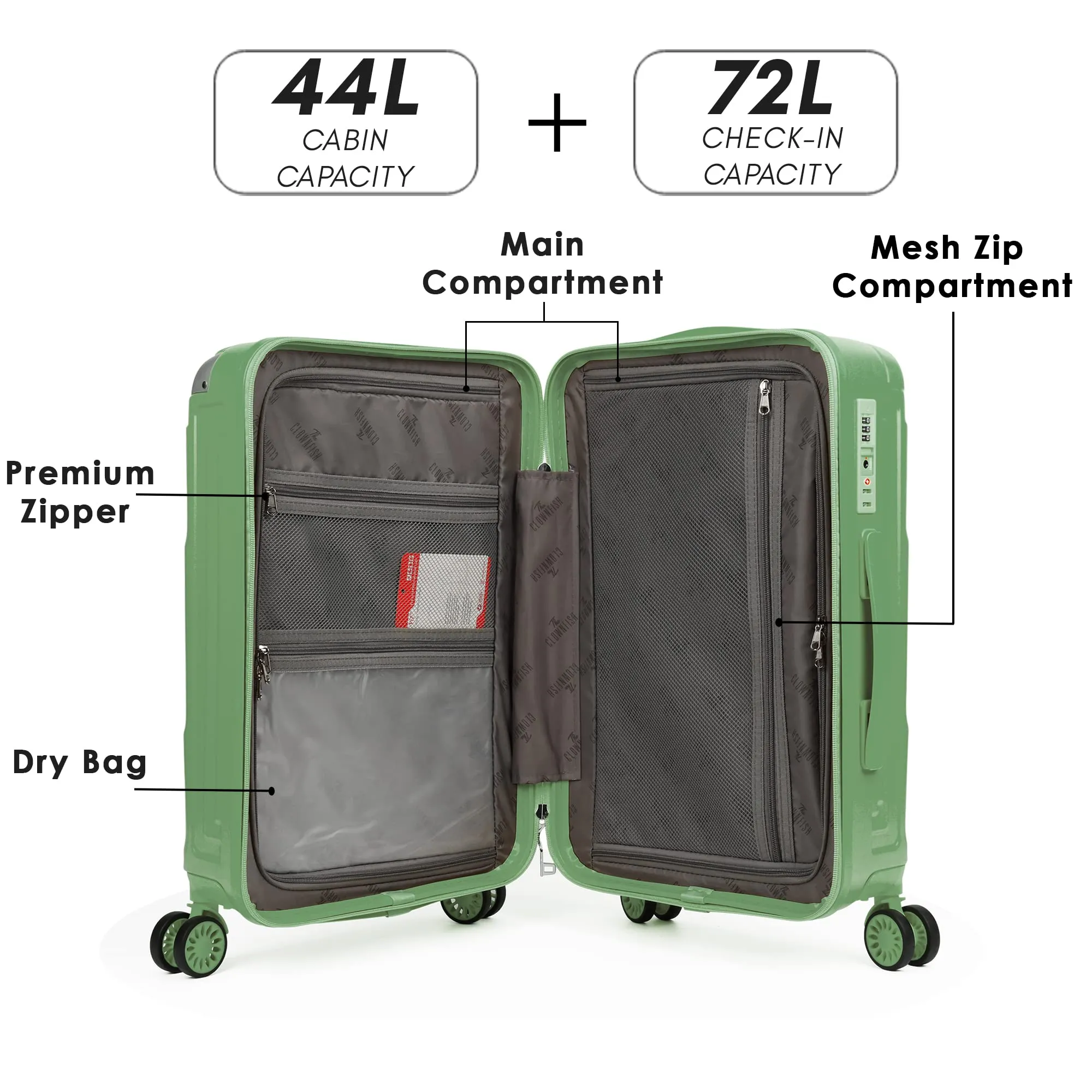 THE CLOWNFISH Combo of 2 Ballard Series Luggage ABS & Polycarbonate Exterior Suitcases Eight Wheel Trolley Bags with TSA Lock-Green (Medium 65 cm-26 inch, Small 55 cm-22 inch)