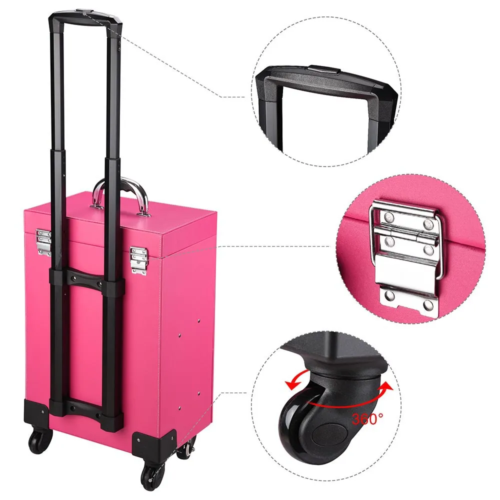 TheLAShop Rolling Makeup Case Nail Artist Case with Drawers Pink