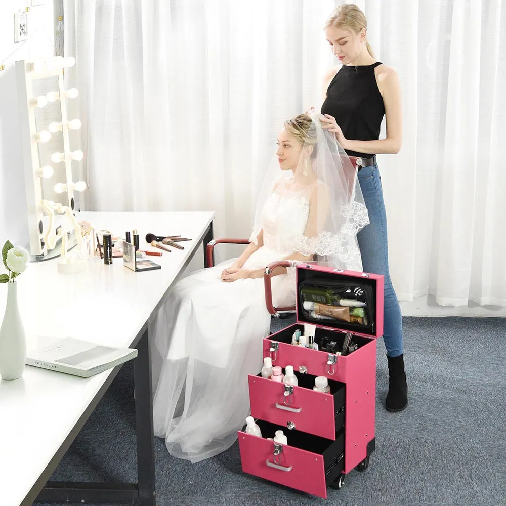TheLAShop Rolling Makeup Case Nail Artist Case with Drawers Pink