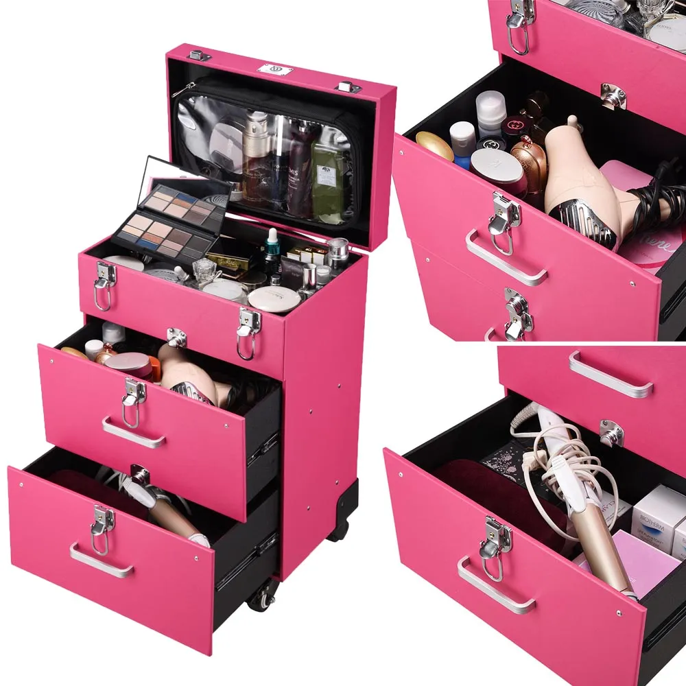 TheLAShop Rolling Makeup Case Nail Artist Case with Drawers Pink