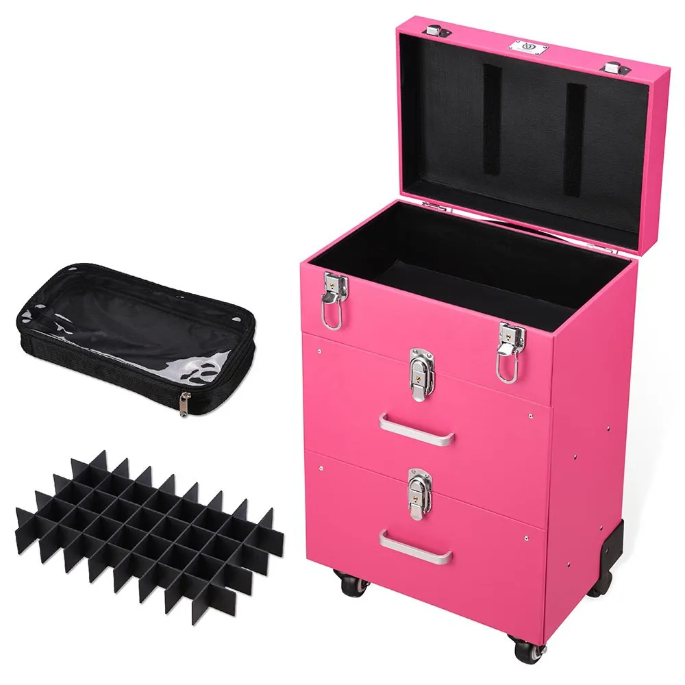 TheLAShop Rolling Makeup Case Nail Artist Case with Drawers Pink