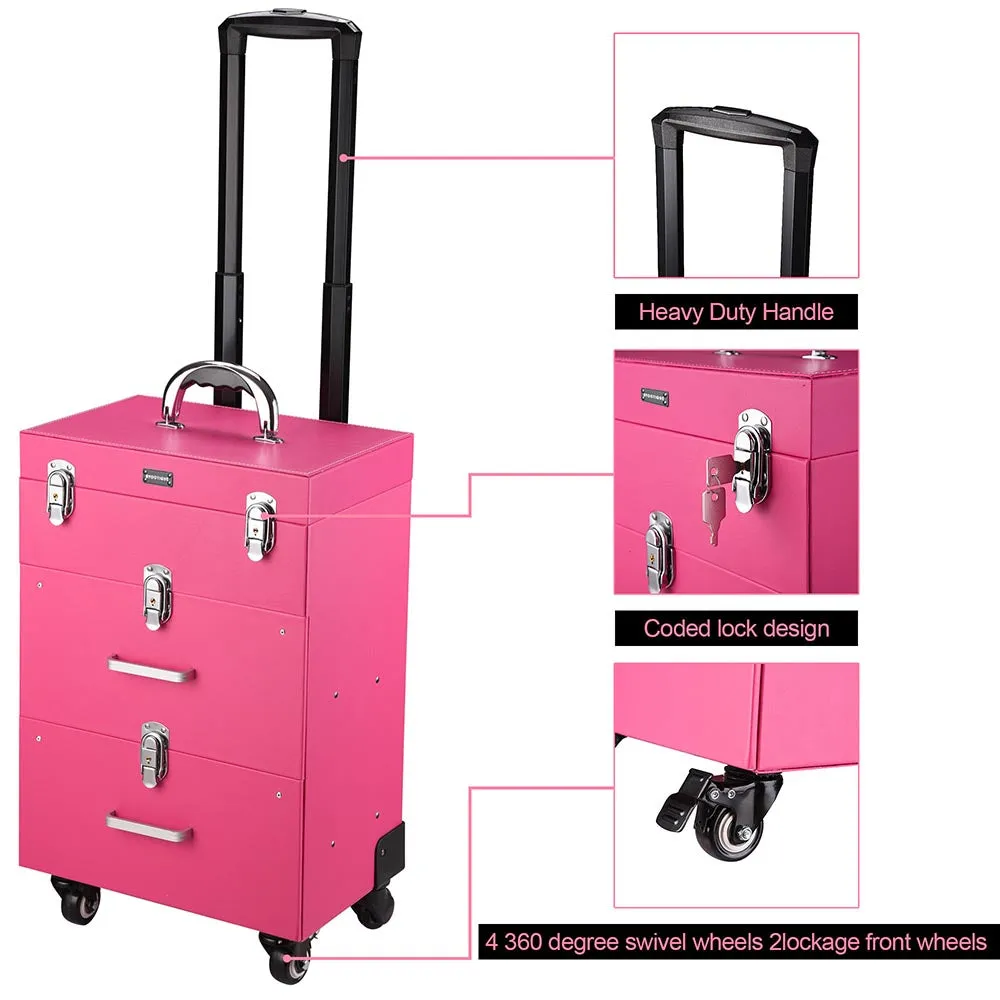 TheLAShop Rolling Makeup Case Nail Artist Case with Drawers Pink