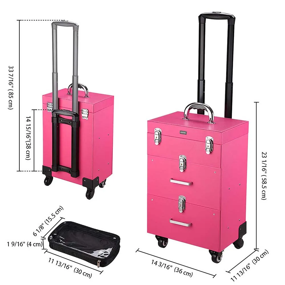 TheLAShop Rolling Makeup Case Nail Artist Case with Drawers Pink