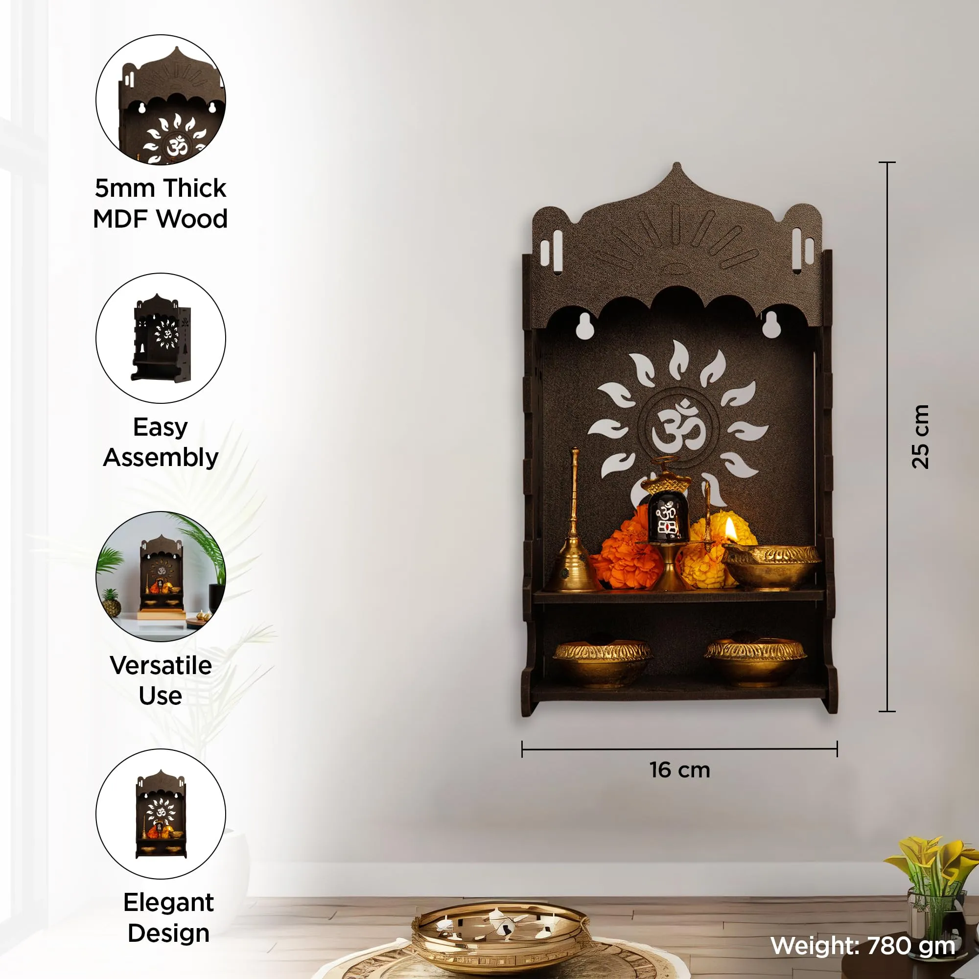 UMAI Wooden Pooja Mandir for Home Wall Mounted (25cm) | Small Wooden Temple for Home | Pooja Stand for Home | Puja Mandir for Home| Pooja Unit for Home with LED Spotlight |Temple for Office-OM(Coffee)
