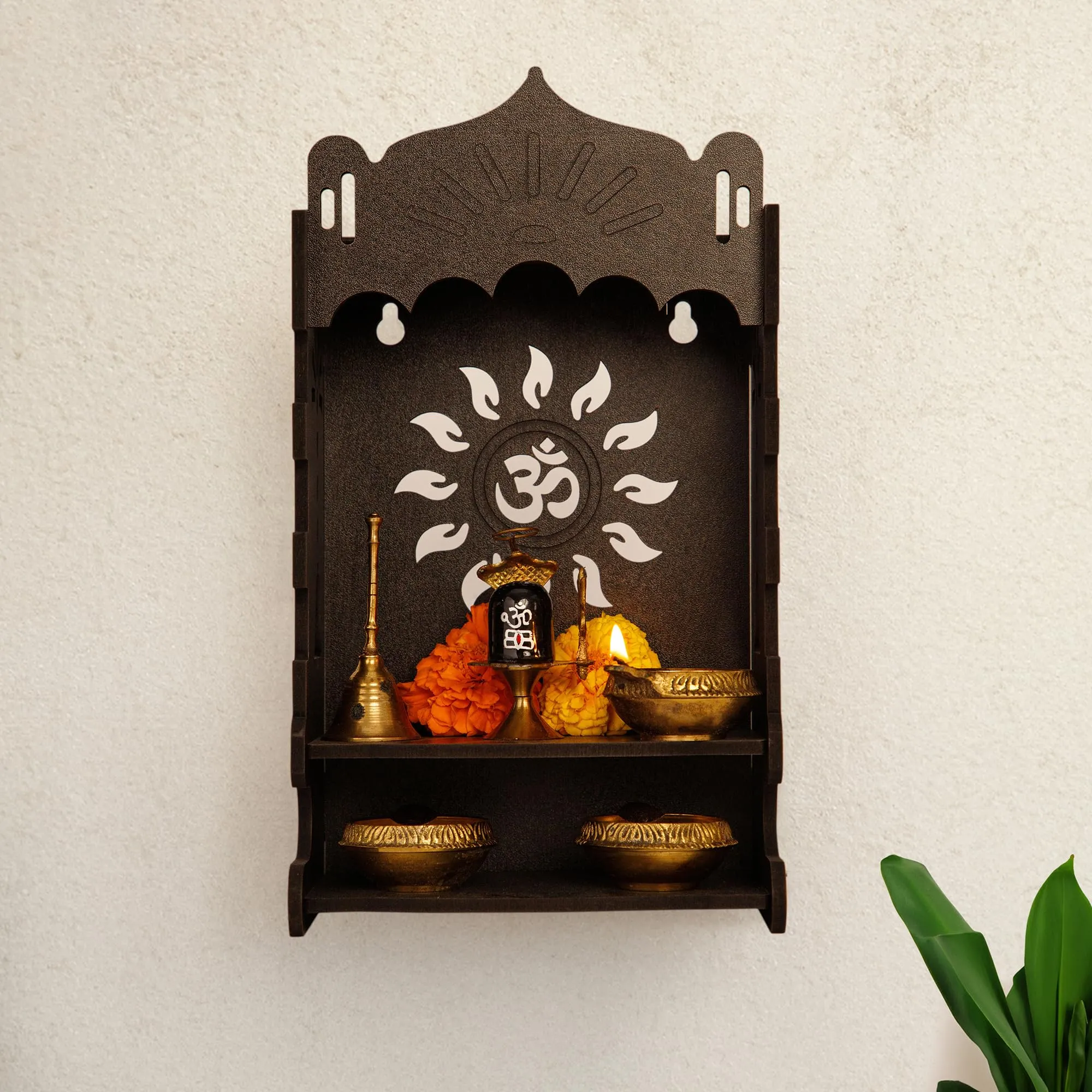 UMAI Wooden Pooja Mandir for Home Wall Mounted (25cm) | Small Wooden Temple for Home | Pooja Stand for Home | Puja Mandir for Home| Pooja Unit for Home with LED Spotlight |Temple for Office-OM(Coffee)