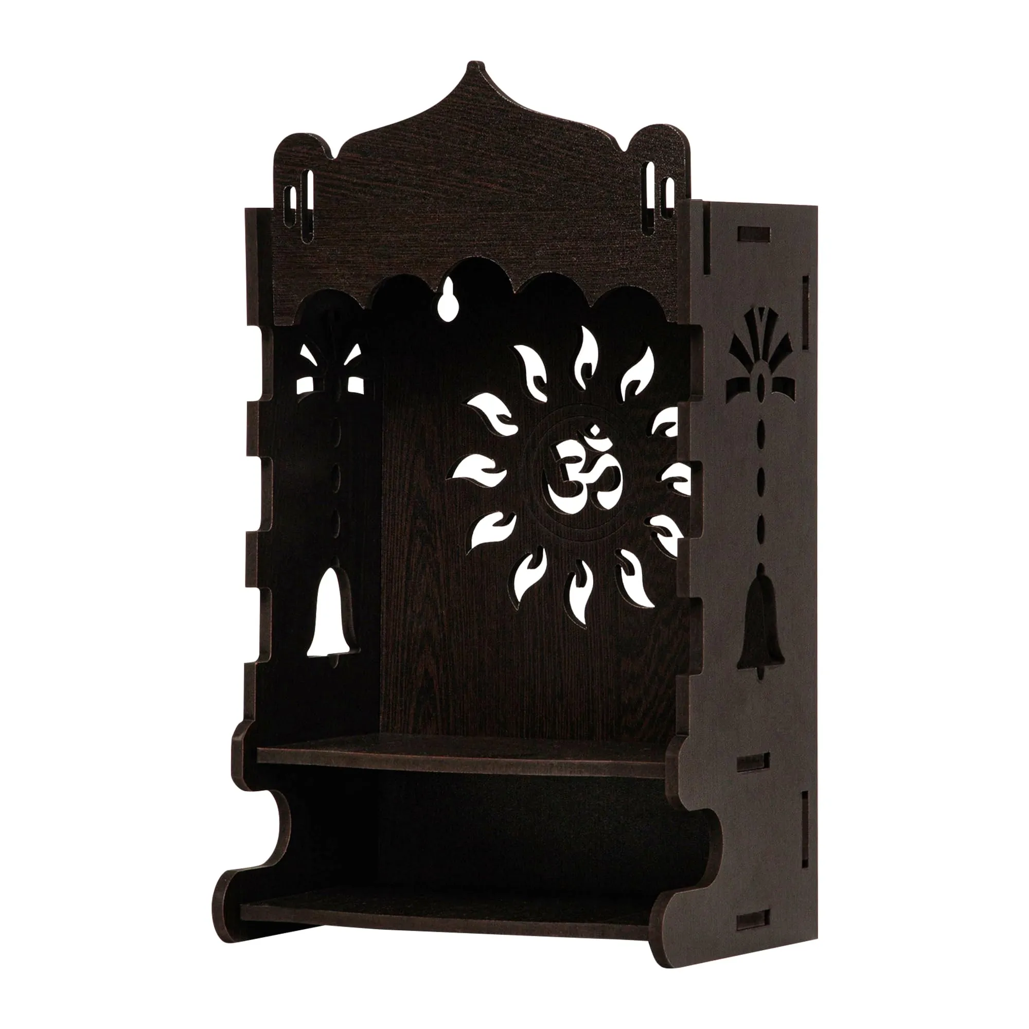 UMAI Wooden Pooja Mandir for Home Wall Mounted (25cm) | Small Wooden Temple for Home | Pooja Stand for Home | Puja Mandir for Home| Pooja Unit for Home with LED Spotlight |Temple for Office-OM(Coffee)