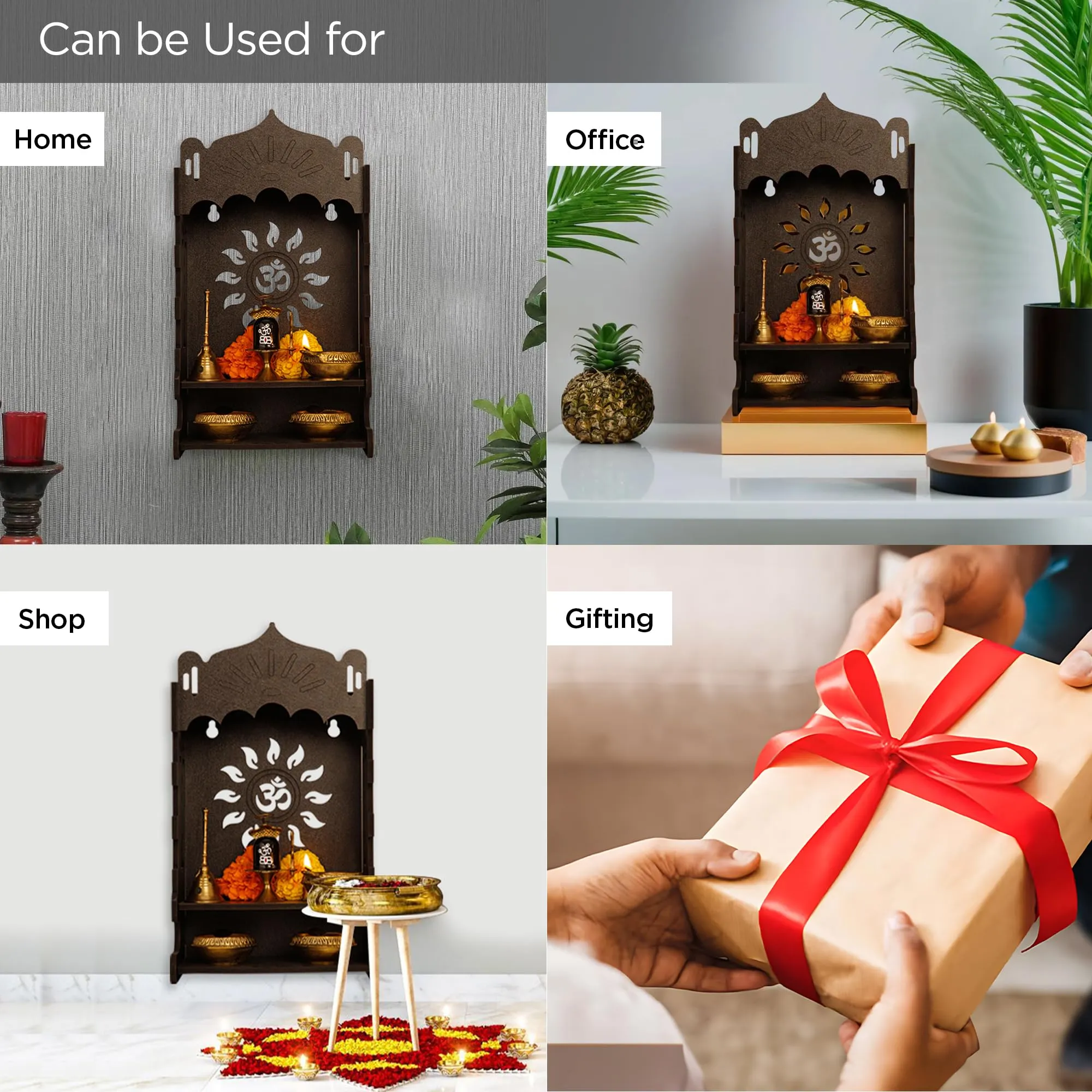 UMAI Wooden Pooja Mandir for Home Wall Mounted (25cm) | Small Wooden Temple for Home | Pooja Stand for Home | Puja Mandir for Home| Pooja Unit for Home with LED Spotlight |Temple for Office-OM(Coffee)