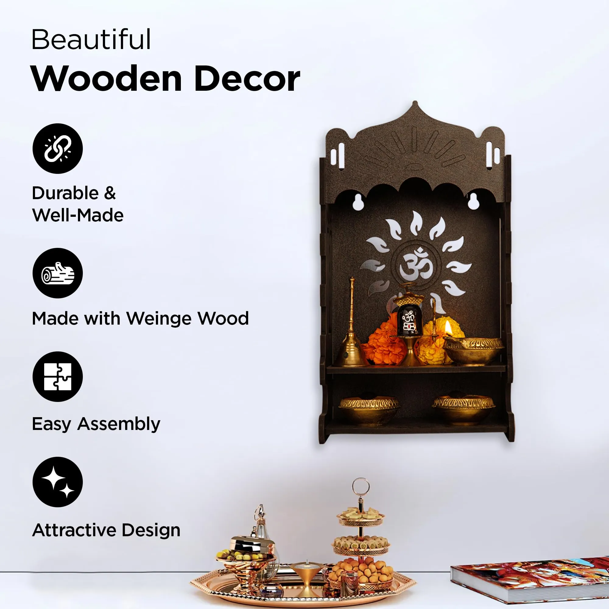 UMAI Wooden Pooja Mandir for Home Wall Mounted (25cm) | Small Wooden Temple for Home | Pooja Stand for Home | Puja Mandir for Home| Pooja Unit for Home with LED Spotlight |Temple for Office-OM(Coffee)